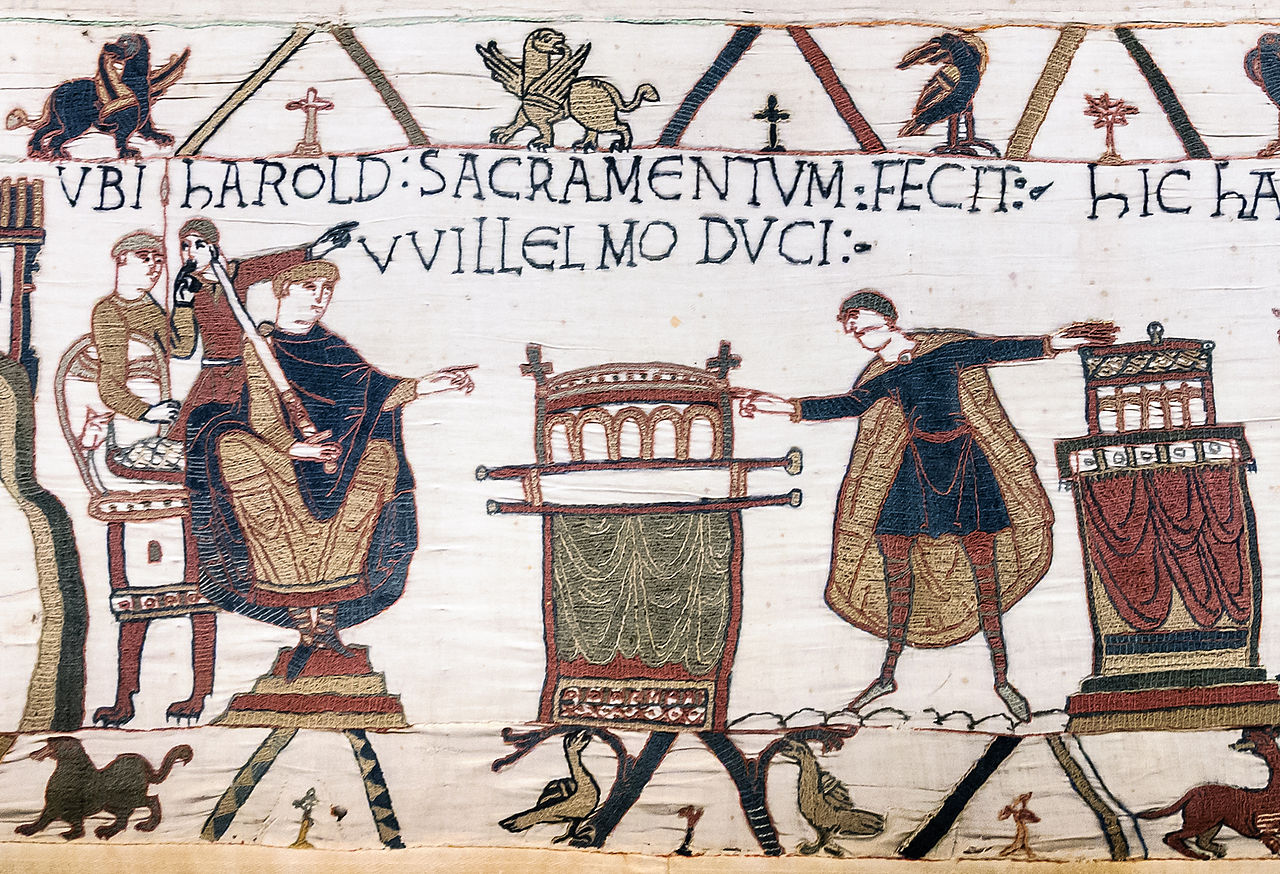 Bayeux Tapestry - Scene 23: Harold swearing oath on holy relics to William, Duke of Normandy